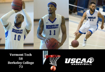2017-2018 version of the "Big Three" - Michael Taylor, Ricardo Ayuso, and Johnnie Green - power Berkeley College to 73-58 victory over Vermont Tech in USCAA Division II quarterfinals